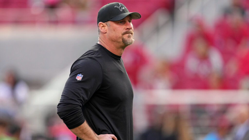 Detroit Lions head coach Dan Campbell looks on during warmups before the NFC Championship football.