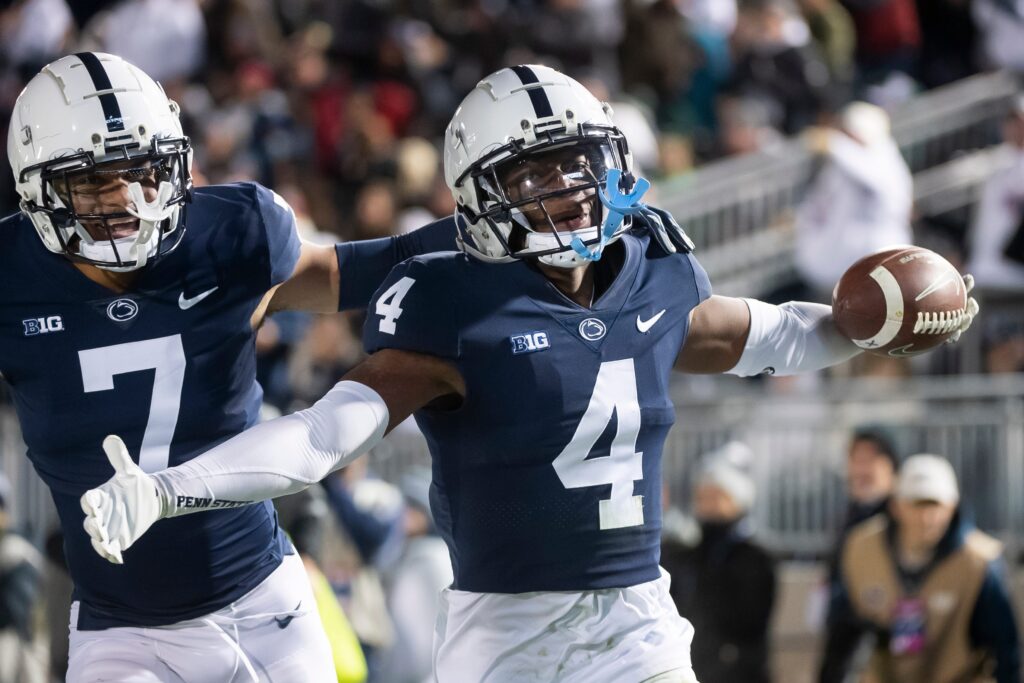 Penn State cornerback Kalen King celebrates interception