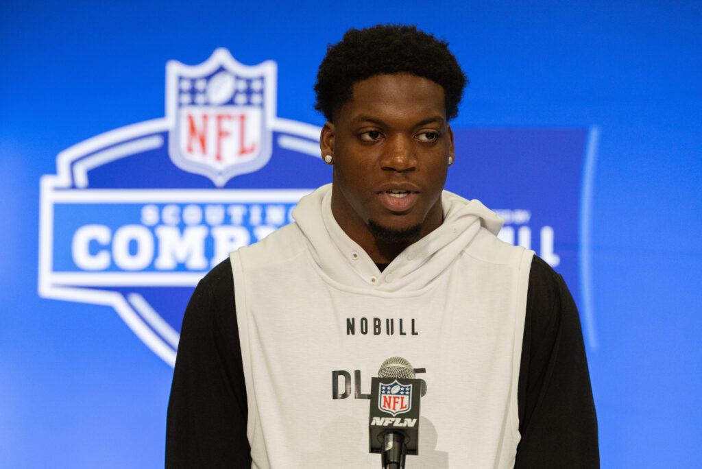 Penn State pass rusher Adisa Isaac takes questions from the media at the NFL Combine.