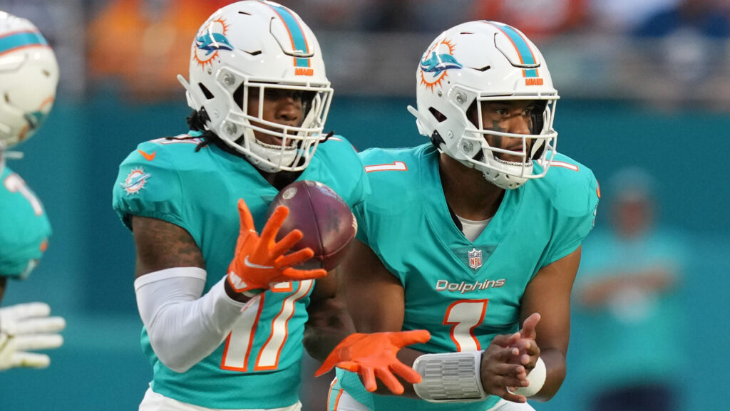 Miami Dolphins wide receiver Jaylen Waddle, left, and quarterback Tua Tagovailoa