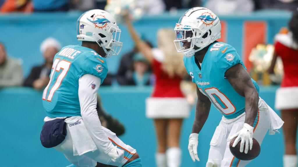 Miami Dolphins wide receivers Jaylen Waddle, left, and Tyreek Hill