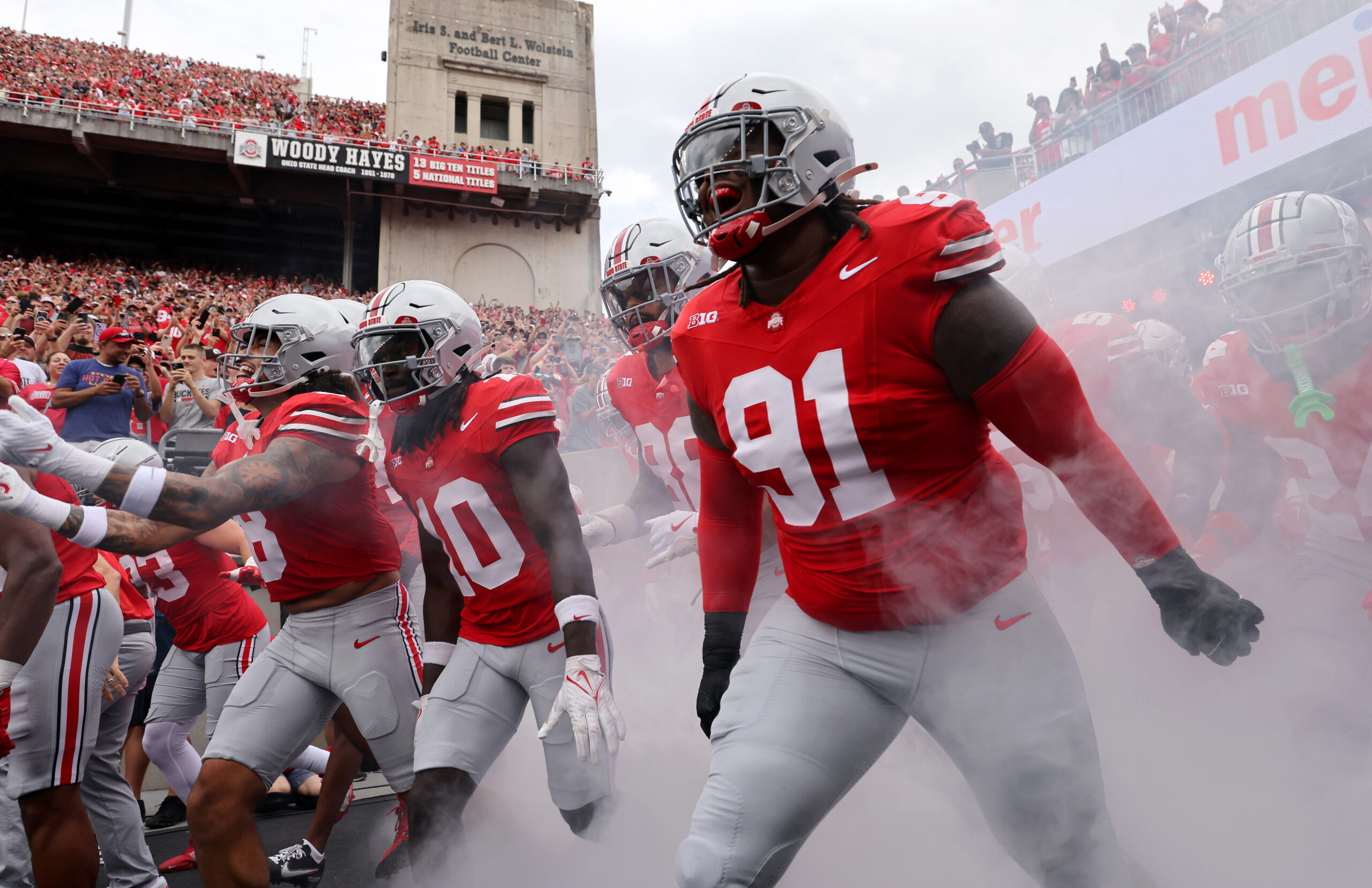 Ohio State Buckeyes defensive tackle Tyleik Williams (91) takes the field before a game against the Akron Zips at Ohio Stadium.