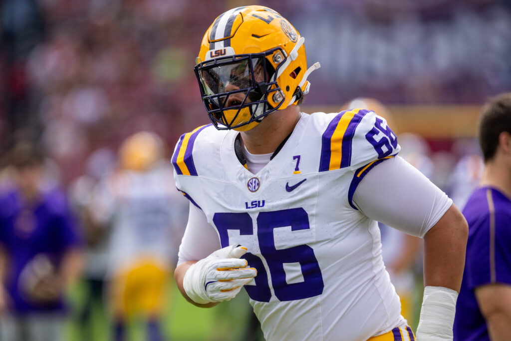 LSU Tigers offensive tackle Will Campbell (66) warms up before a game against the South Carolina Gamecocks at Williams-Brice Stadium. Scott Kinser-Imagn Images.