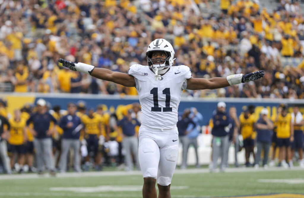 Penn State Nittany Lions defensive end Abdul Carter celebrates after a defensive stop during the fourth quarter against the West Virginia Mountaineers at Mountaineer Field at Milan Puskar Stadium.