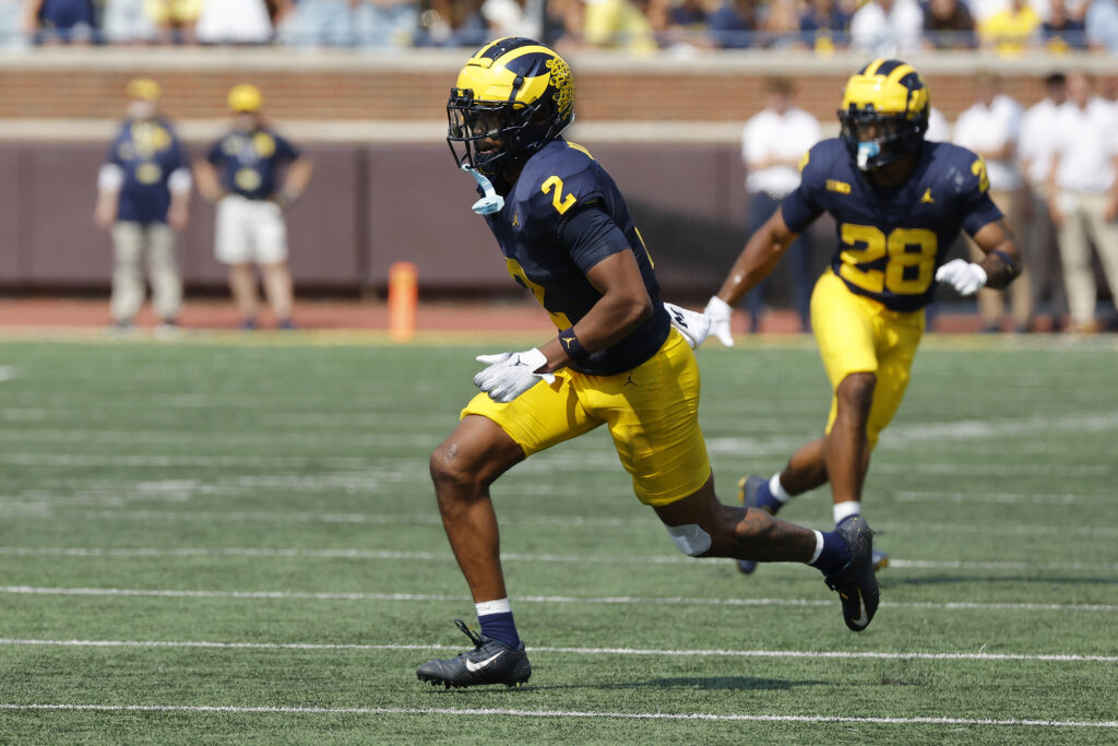 Michigan Wolverines defensive back Will Johnson (2) pursues a play against the Arkansas State Red Wolves at Michigan Stadium.