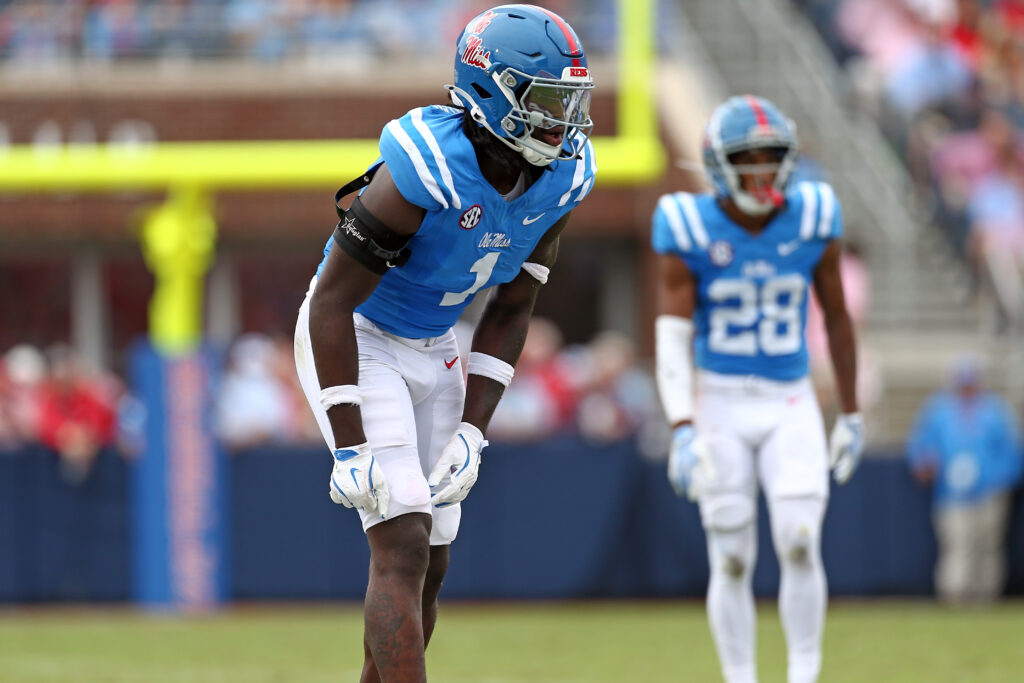 Mississippi Rebels defensive lineman Princely Umanmielen waits for the snap against Kentucky Wildcats, Sep 28, 2024, at Vaught-Hemingway Stadium