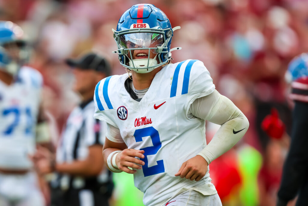 Mississippi Rebels quarterback Jaxson Dart (2) celebrates a touchdown against the South Carolina Gamecocks in the second quarter at Williams-Brice Stadium.