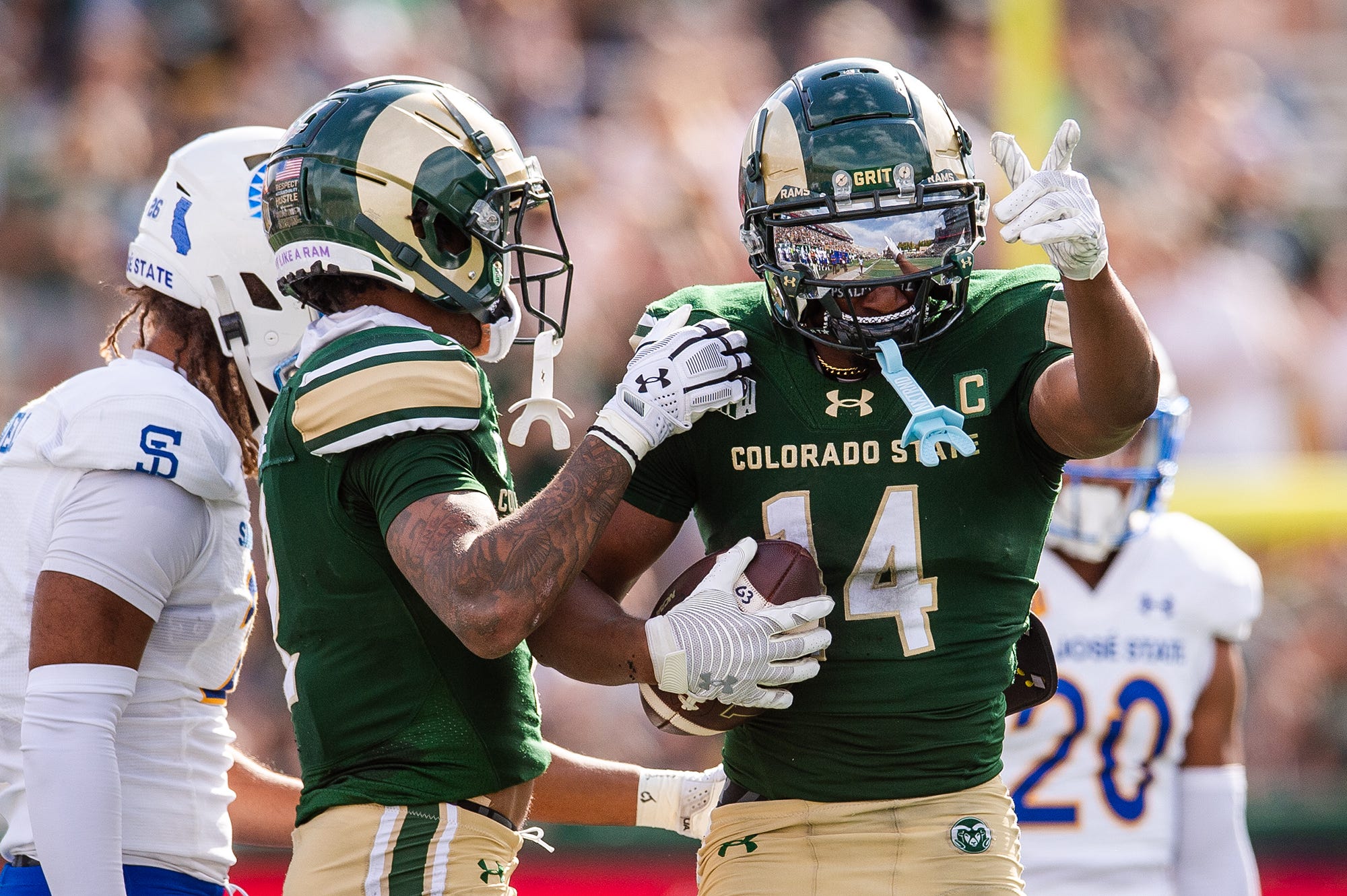 Colorado State's Tory Horton celebrates a first down during a home game against San Jose State at Canvas Stadium