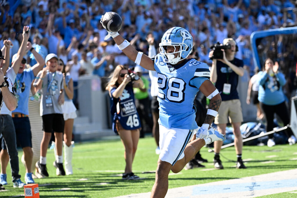 North Carolina Tar Heels running back Omarion Hampton (28) runs for a touchdown in the third quarter at Kenan Memorial Stadium.