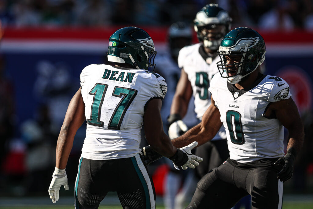 Philadelphia Eagles linebacker Nakobe Dean and defensive end Bryce Huff