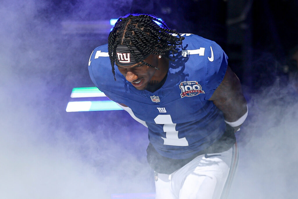 New York Giants wide receiver Malik Nabers enter the field during introductions before the game against the Philadelphia Eagles at MetLife Stadium.