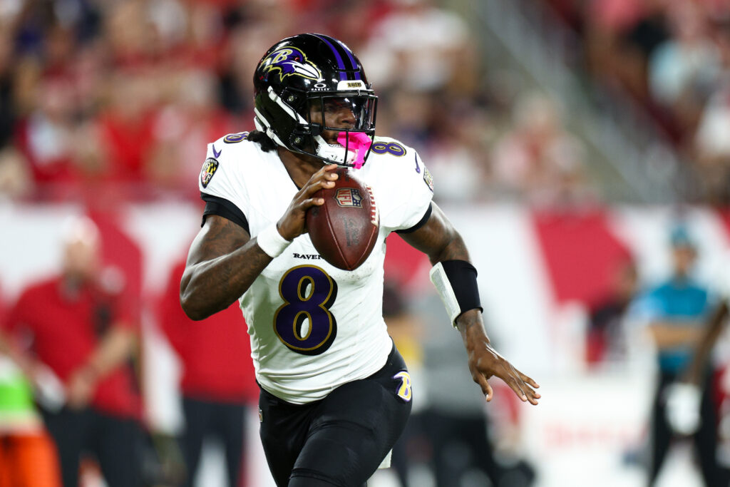 Baltimore Ravens quarterback Lamar Jackson drops back to pass against the Tampa Bay Buccaneers in the second quarter at Raymond James Stadium.