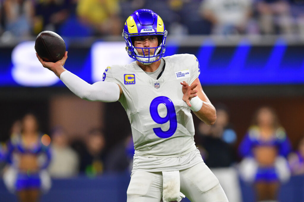 Los Angeles Rams quarterback Matthew Stafford throws against the Minnesota Vikings during the first half at SoFi Stadium.