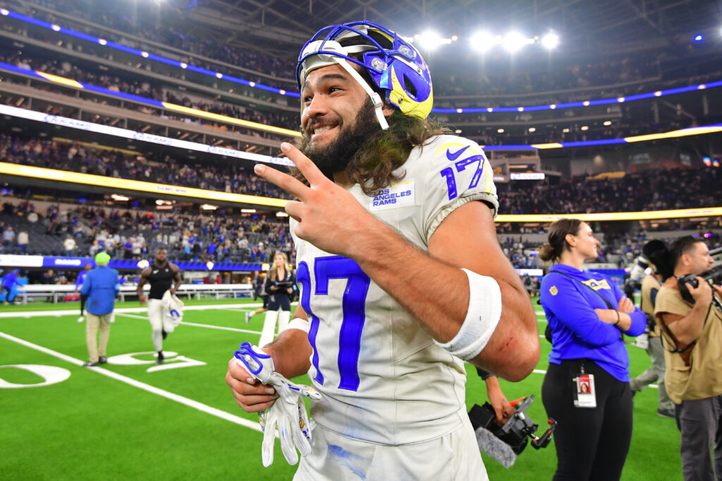 Los Angeles Rams wide receiver Puka Nacua (17) celebrates the victory against the Minnesota Vikings at SoFi Stadium. 