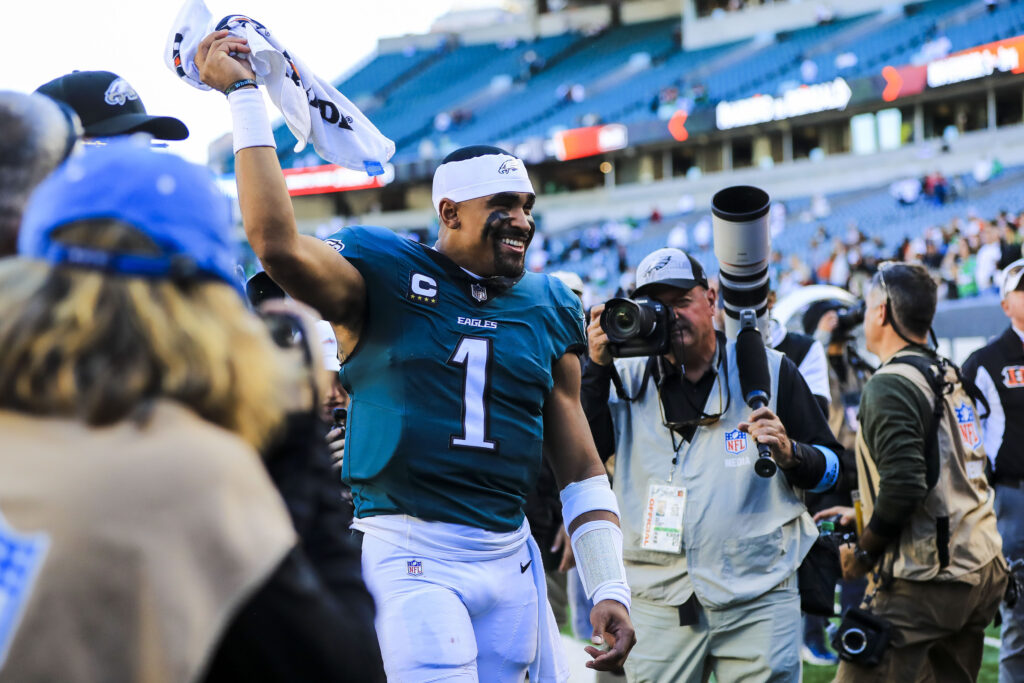 Philadelphia Eagles quarterback Jalen Hurts walks off the field after the victory over the Cincinnati Bengals at Paycor Stadium.