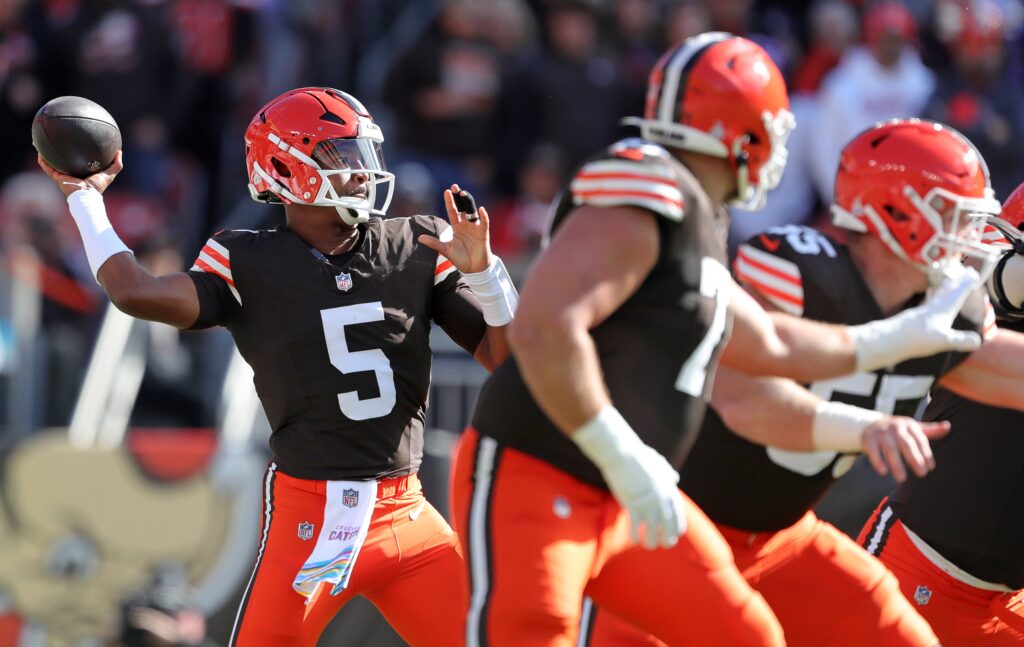 Cleveland Browns quarterback Jameis Winston looks to throw during the first half of an NFL football game at Huntington Bank Field,