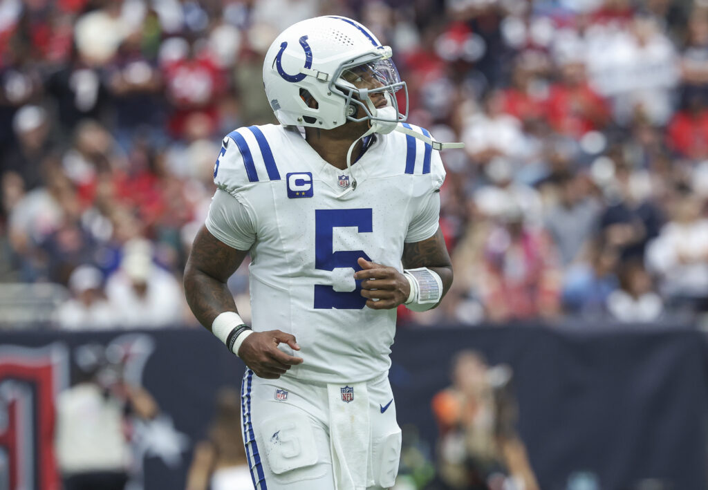 Indianapolis Colts quarterback Anthony Richardson jogs off the field after a play during the second quarter against the Houston Texans at NRG Stadium.