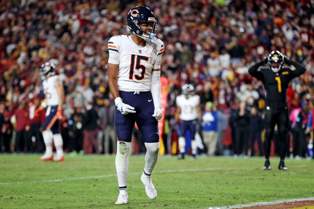 Chicago Bears wide receiver Rome Odunze celebrates after a pass interference call during the fourth quarter against the Washington Commanders at Commanders Field.