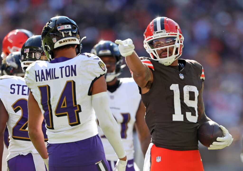 Cleveland Browns wide receiver Cedric Tillman (19) celebrates after a catch against Baltimore Ravens safety Kyle Hamilton during the first half of an NFL football game at Huntington Bank Field.