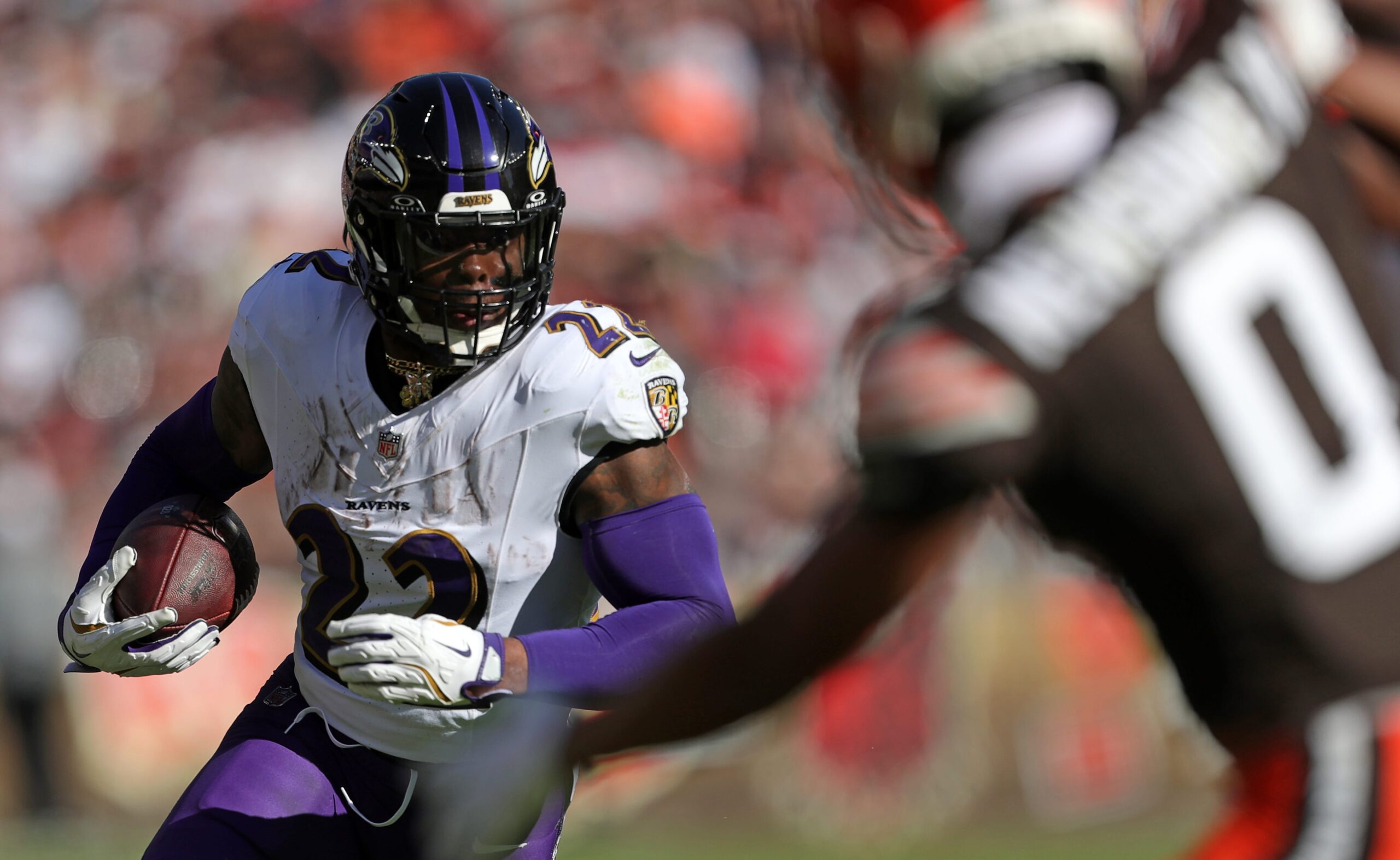 Baltimore Ravens running back Derrick Henry (22) rushes for yards during the second half of an NFL football game at Huntington Bank Field,.