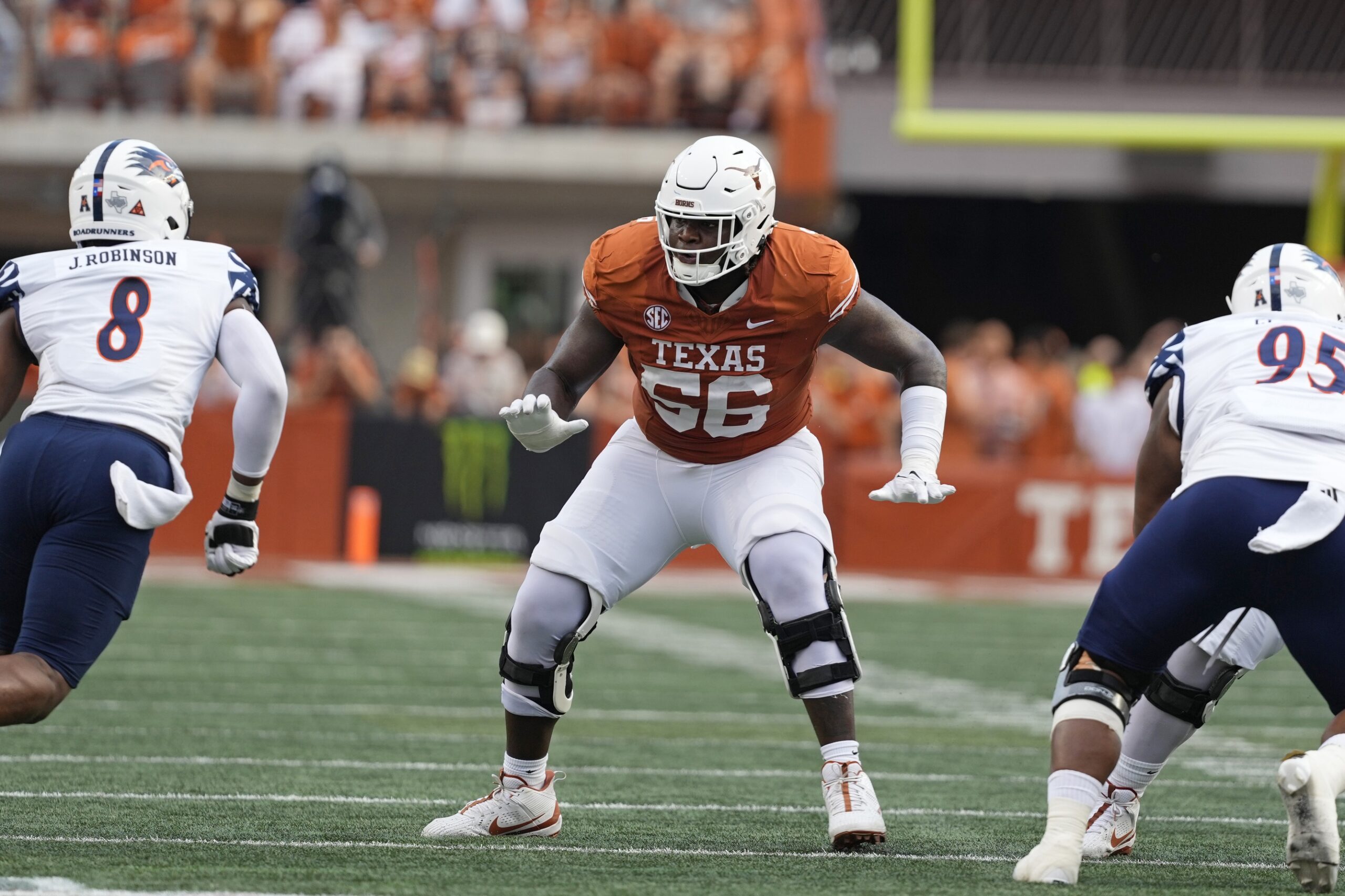 Texas Longhorns offensive lineman Cameron Williams blocks against Texas-San Antonio Roadrunners in college football game action at Darrell K Royal-Texas Memorial Stadium