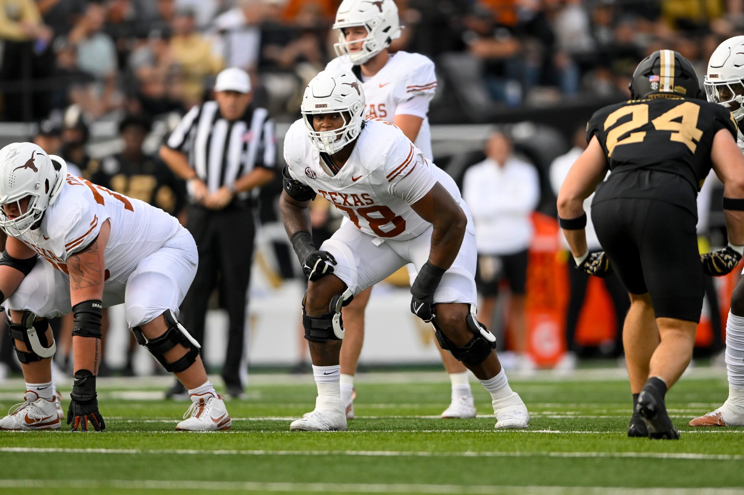 Texas Longhorns offensive lineman Kelvin Banks Jr. in action against the Vanderbilt Commodores during college football game at FirstBank Stadium