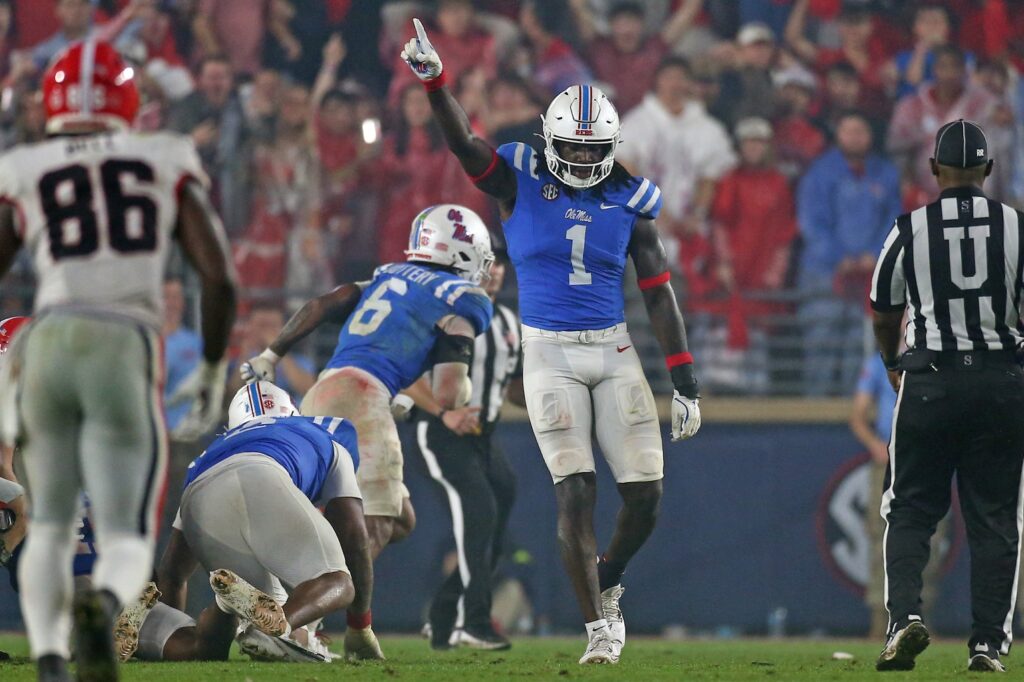 Mississippi Rebels defensive lineman Princely Umanmielen reacts during the second half against the Georgia Bulldogs in college football game action at Vaught-Hemingway Stadium