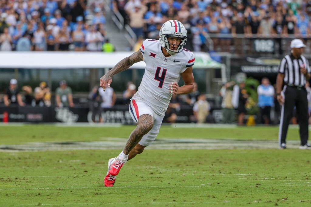 Arizona Wildcats wide receiver Tetairoa McMillan on the field during the second quarter against the UCF Knights in college football game action at FBC Mortgage Stadium