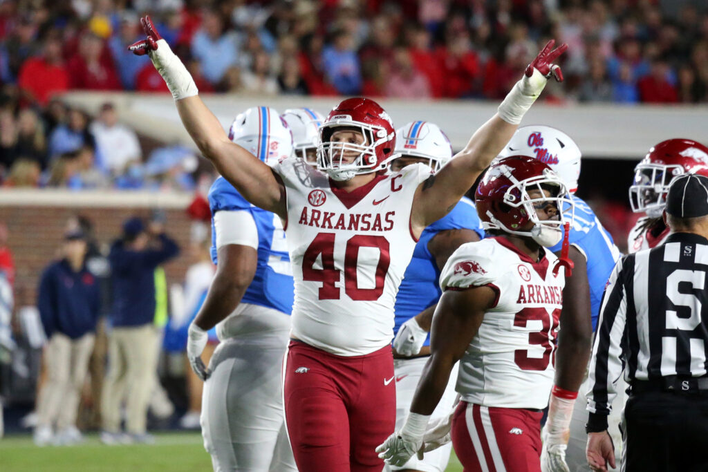 Arkansas Razorbacks defensive linemen Landon Jackson (40) reacts after a made field goal during the first half against the Mississippi Rebels at Vaught-Hemingway Stadium.