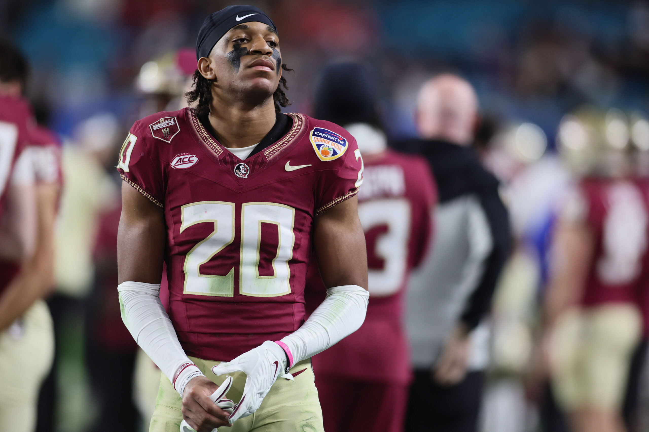 Florida State Seminoles defensive back Azareye'h Thomas (20) reacts after the 2023 Orange Bowl at Hard Rock Stadium.