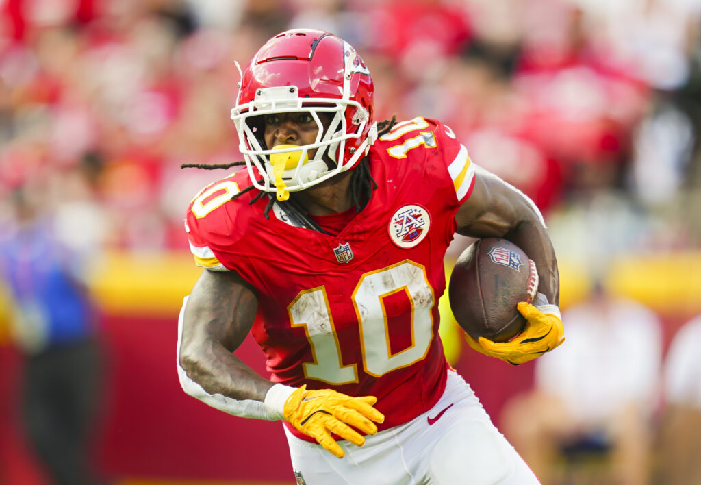 Kansas City Chiefs running back Isiah Pacheco (10) runs the ball during the first half against the Cincinnati Bengals at GEHA Field at Arrowhead Stadium. 