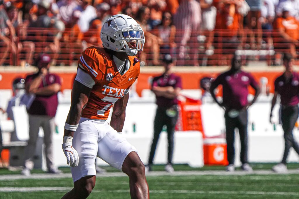 Texas Longhorns defensive back Jahdae Barron celebrates a defensive stop during the game against Mississippi State at Darrell K Royal-Texas Memorial Stadium