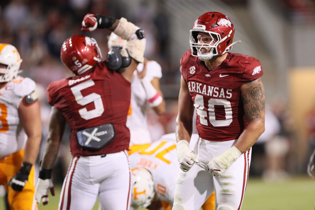 Arkansas Razorbacks defensive lineman Landon Jackson (40) celebrates after a play in the second half against the Tennessee Volunteers at Donald W. Reynolds Razorback Stadium.