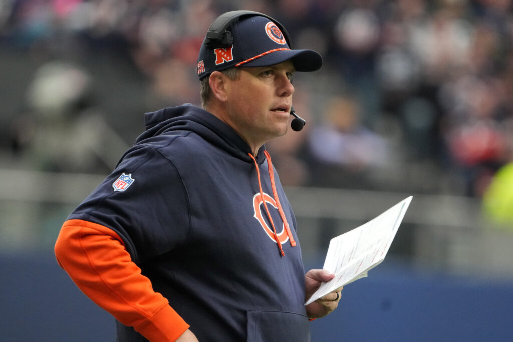 Chicago Bears offensive coordinator Shane Waldron watches from the sidelines against the Jacksonville Jaguars in the second half during an NFL International Series game.