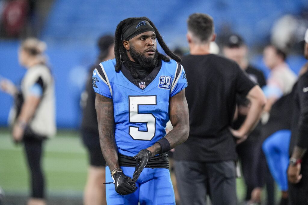 arolina Panthers wide receiver Diontae Johnson makes his way back to the locker room after the end of the second half against the Atlanta Falcons.