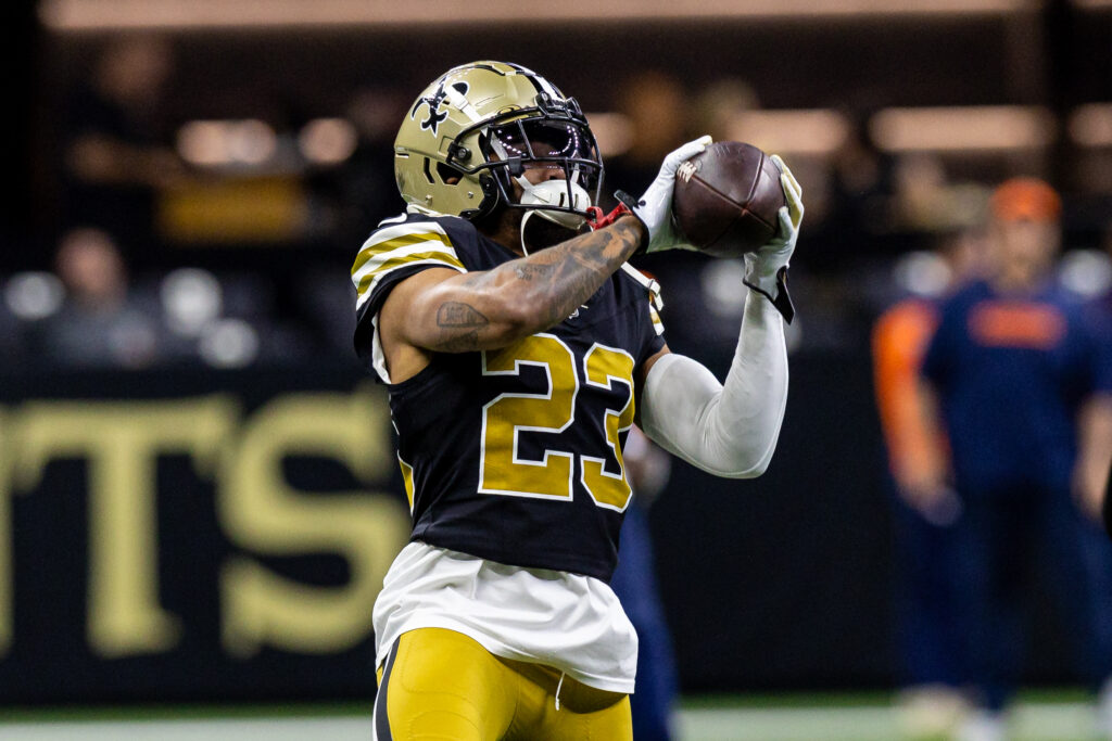 New Orleans Saints cornerback Marshon Lattimore during the warmups before the game against the Denver Broncos at Caesars Superdome.