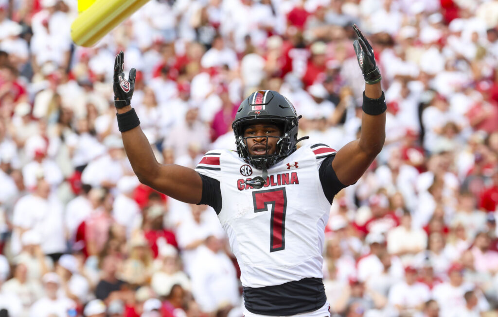 South Carolina Gamecocks defensive back Nick Emmanwori (7) reacts after returning an interception for a touchdown during the first half against the Oklahoma Sooners.