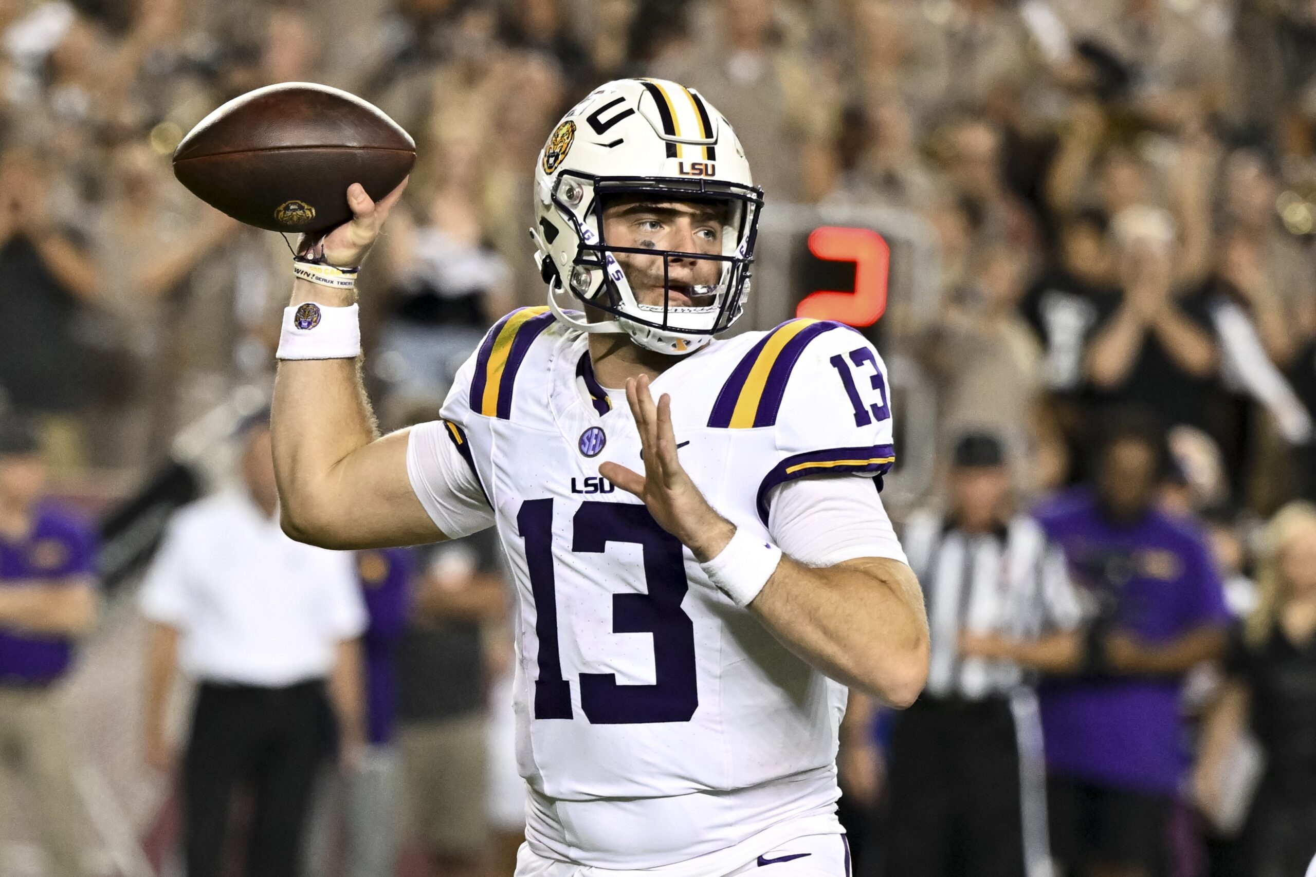 LSU Tigers quarterback Garrett Nussmeier looks to pass the ball in the fourth quarter against the Texas A&M Aggies at Kyle Field.