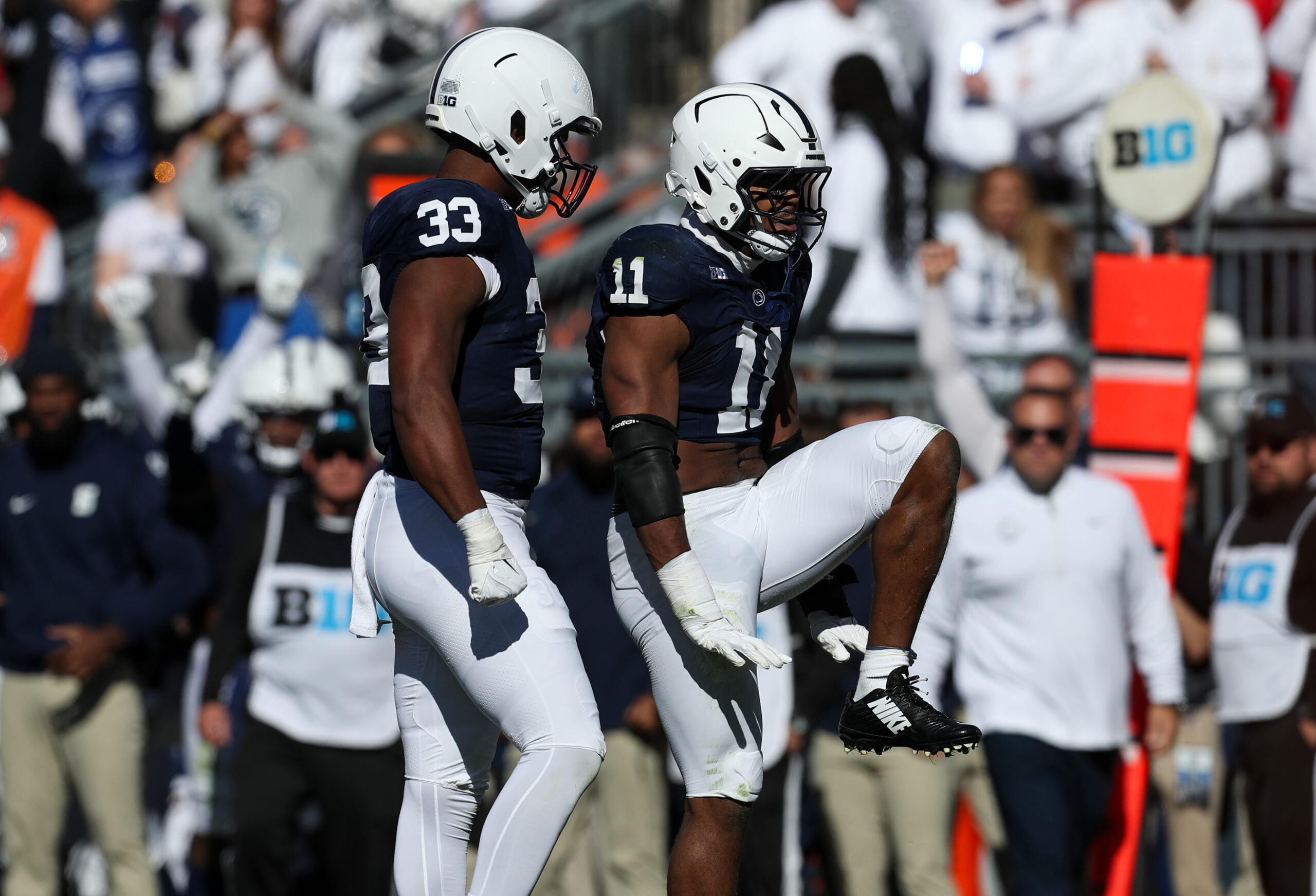 Penn State Nittany Lions defensive end Abdul Carter reacts after sacking Ohio State Buckeyes quarterback Will Howard during the second quarter at Beaver Stadium.