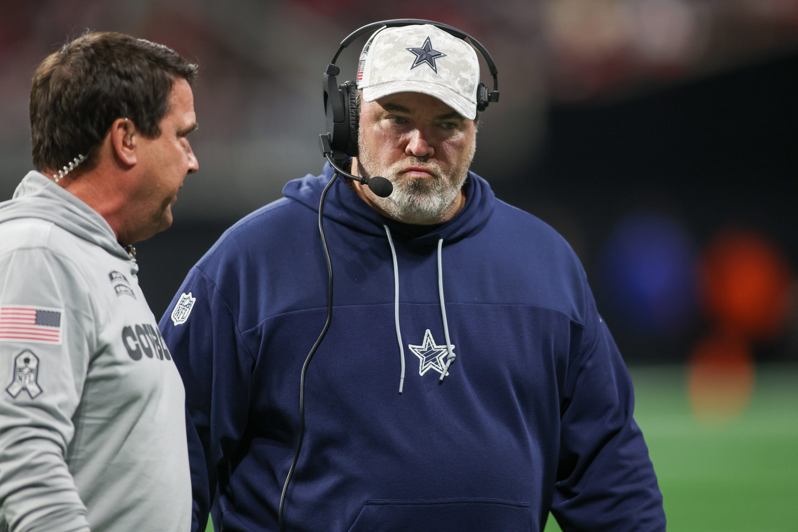 Dallas Cowboys head coach Mike McCarthy on the field against the Atlanta Falcons in the fourth quarter at Mercedes-Benz Stadium.