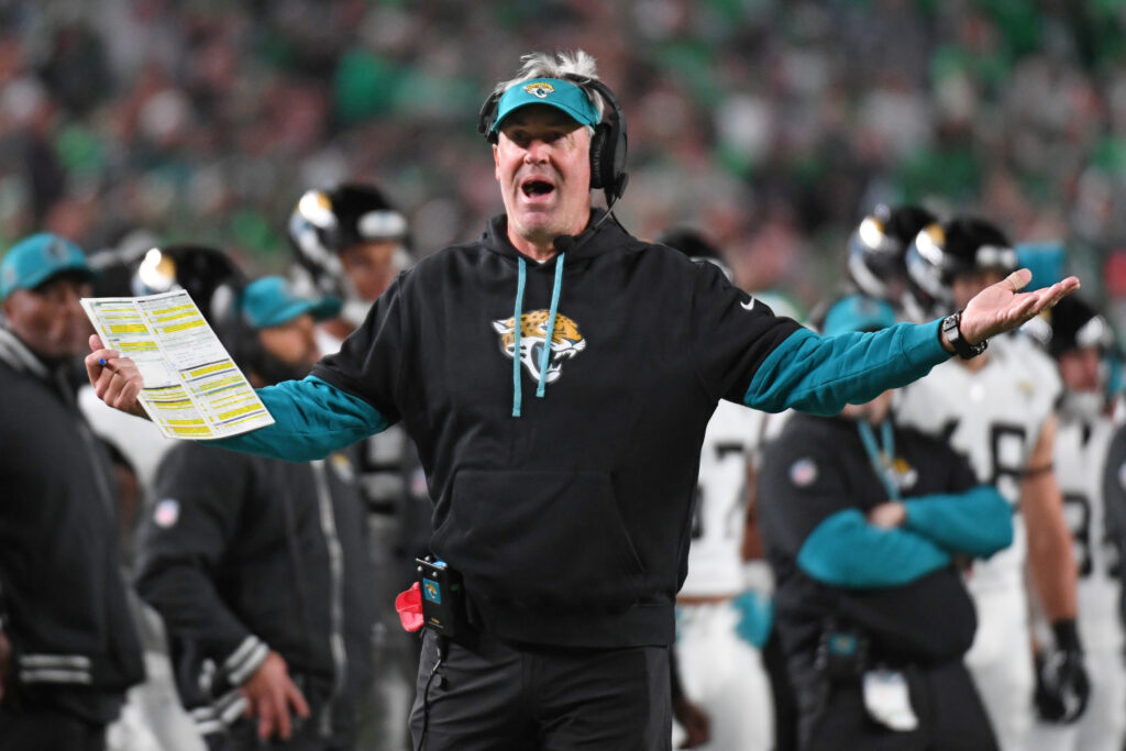 Jacksonville Jaguars head coach Doug Pederson argues a call during the third quarter against the Philadelphia Eagles at Lincoln Financial Field.