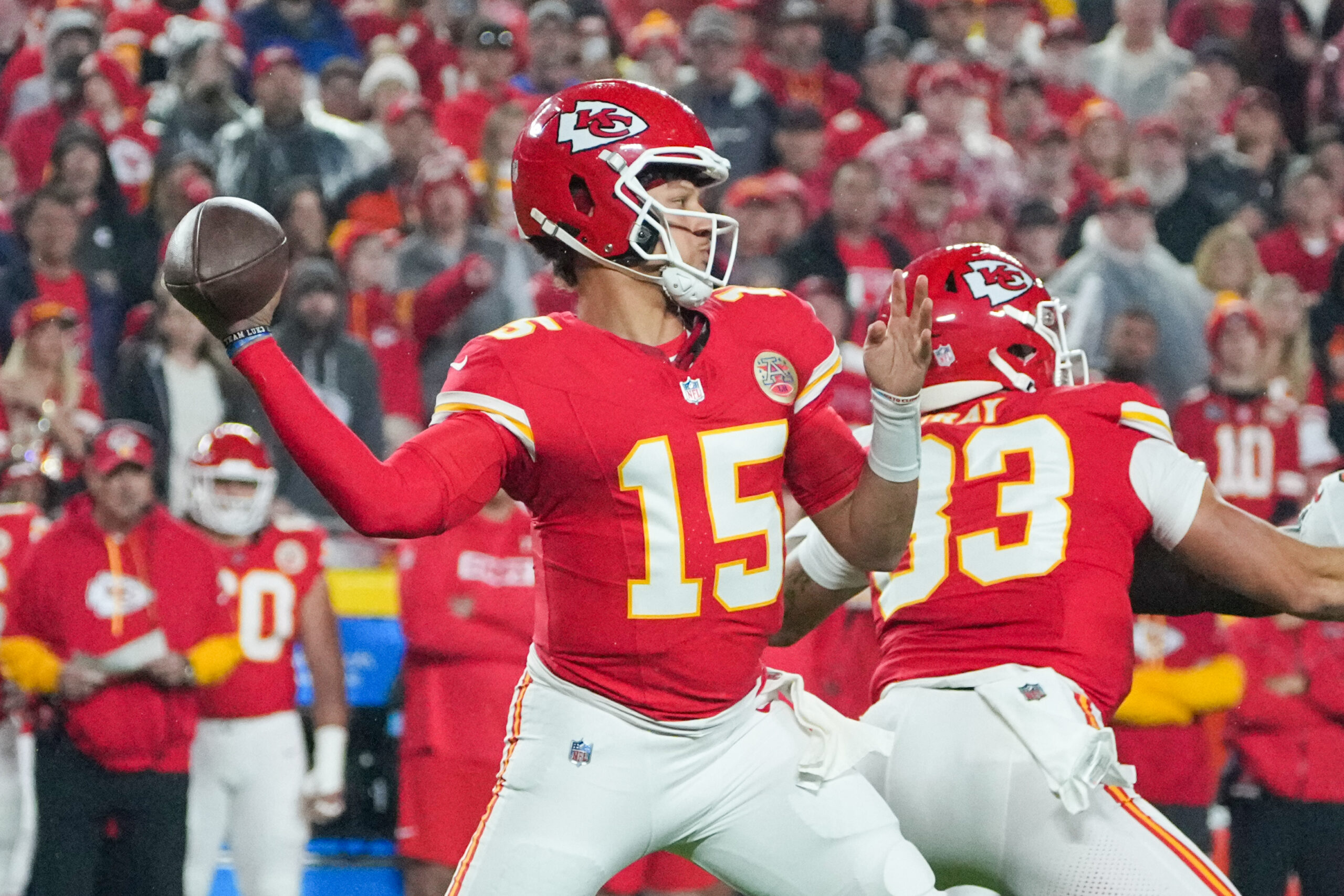 Kansas City Chiefs quarterback Patrick Mahomes throws a pass against the Tampa Bay Buccaneers during the first half at GEHA Field at Arrowhead Stadium.