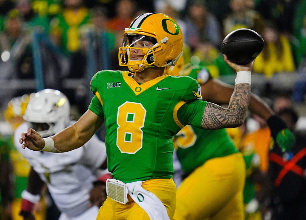 Oregon quarterback Dillon Gabriel throws down field against Maryland during the third quarter at Autzen Stadium Saturday, Nov. 9, 2024.