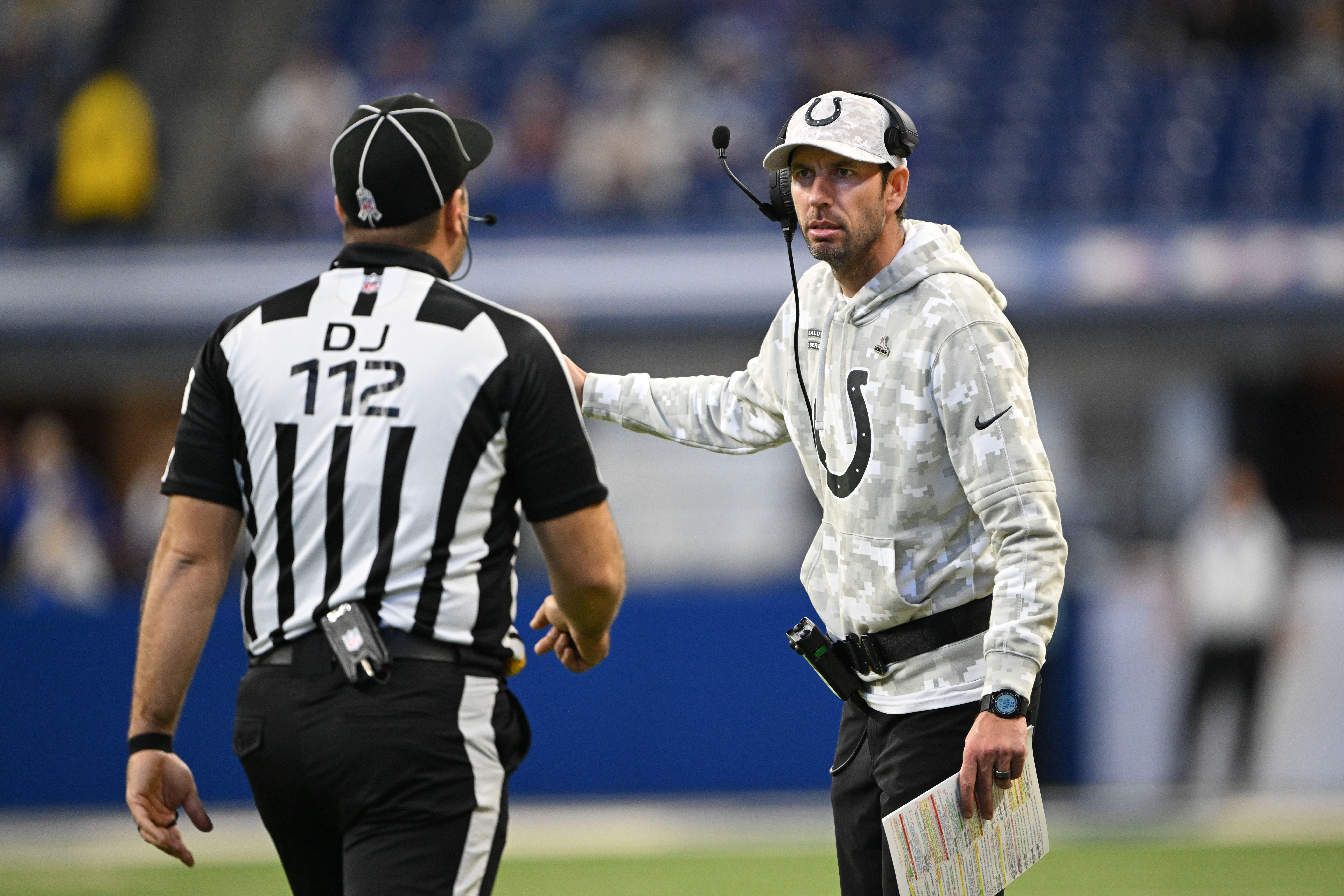 Indianapolis Colts Indianapolis Colts head coach Shane Steichen talks with a referee during the second half against the Buffalo Bills at Lucas Oil Stadium.