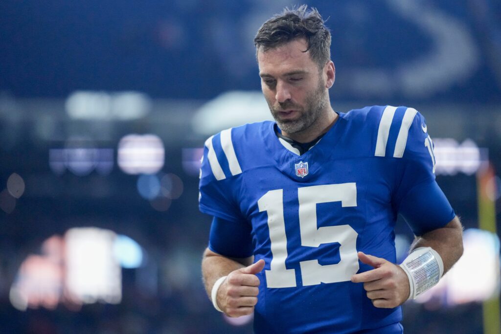 Indianapolis Colts quarterback Joe Flacco heads off the field Sunday, Nov. 10, 2024, after losing 30-20 to the Buffalo Bills at Lucas Oil Stadium