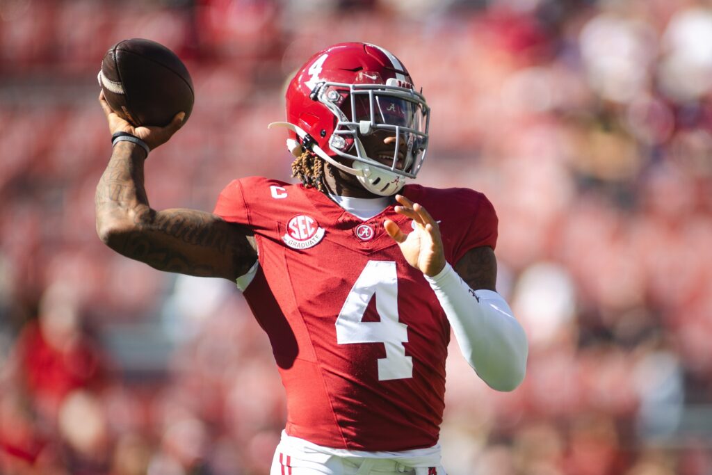 Alabama Crimson Tide quarterback Jalen Milroe prepares to throw during warmups prior to a game against Mercer Bears at Bryant-Denny Stadium. 