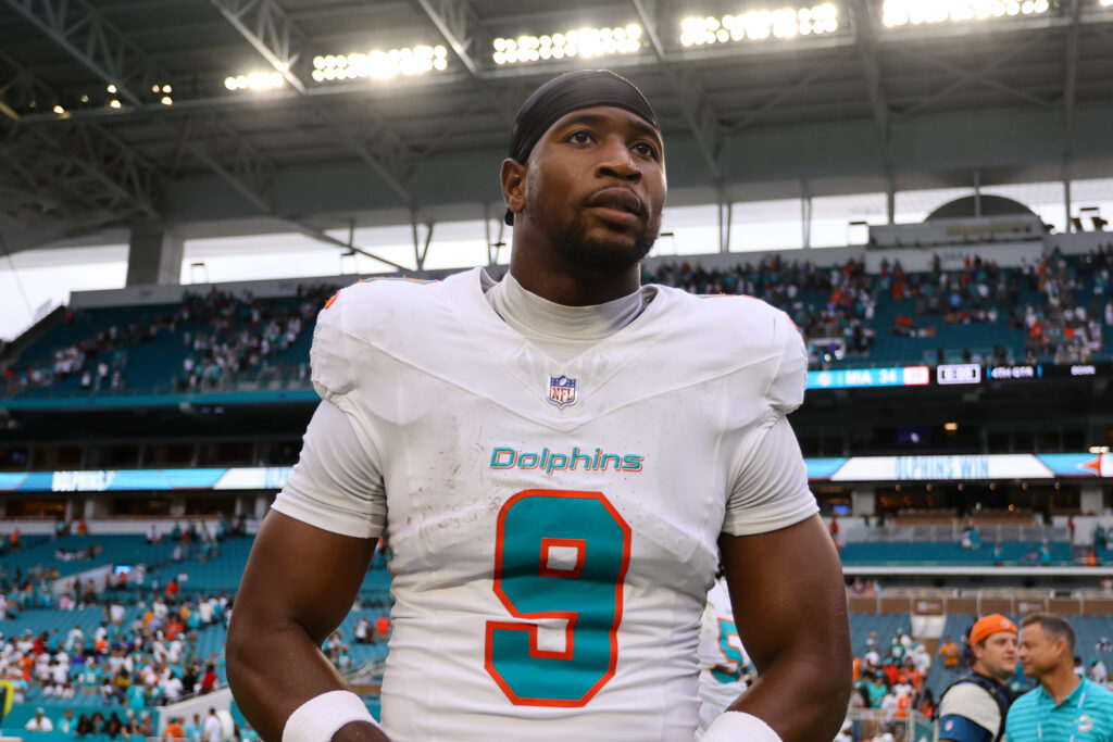 Miami Dolphins tight end Jonnu Smith looks on from the field after the game against the Las Vegas Raiders at Hard Rock Stadium. 