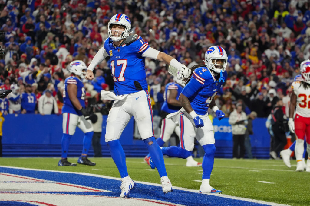 Buffalo Bills quarterback Josh Allen (17) reacts to scoring a touchdown against the Kansas City Chiefs during the second half at Highmark Stadium. 