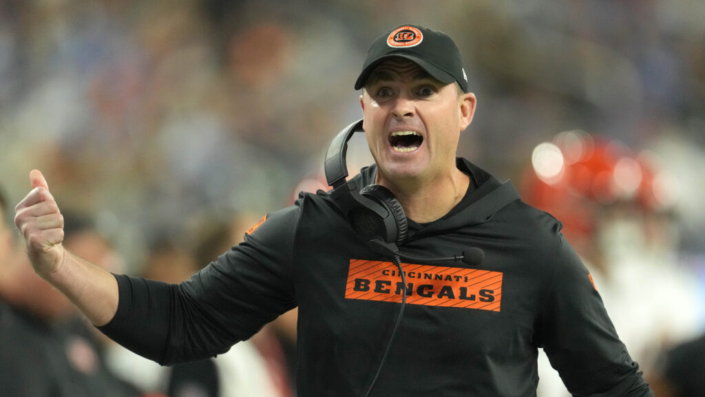 Bengals HC Zac Taylor yells during a game