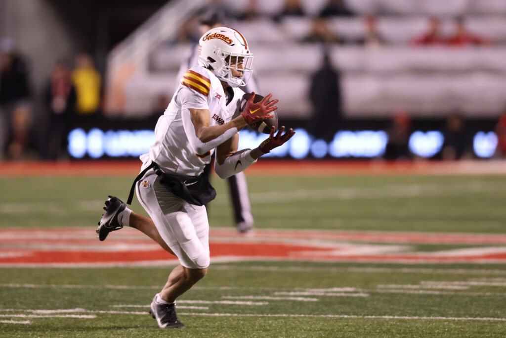 Iowa State Cyclones wide receiver Jayden Higgins (9) makes a catch against the Utah Utes during the third quarter at Rice-Eccles Stadium. 